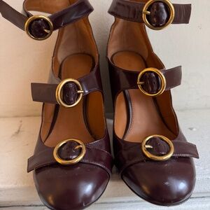 Chloé Triple Buckle Leather Pumps, Burgundy, Sz 37